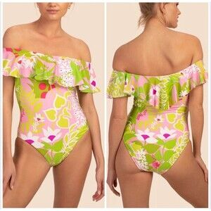 Trina Turk La Palma Off The Shoulder One Piece Swimsuit Ruffle Swim size 10